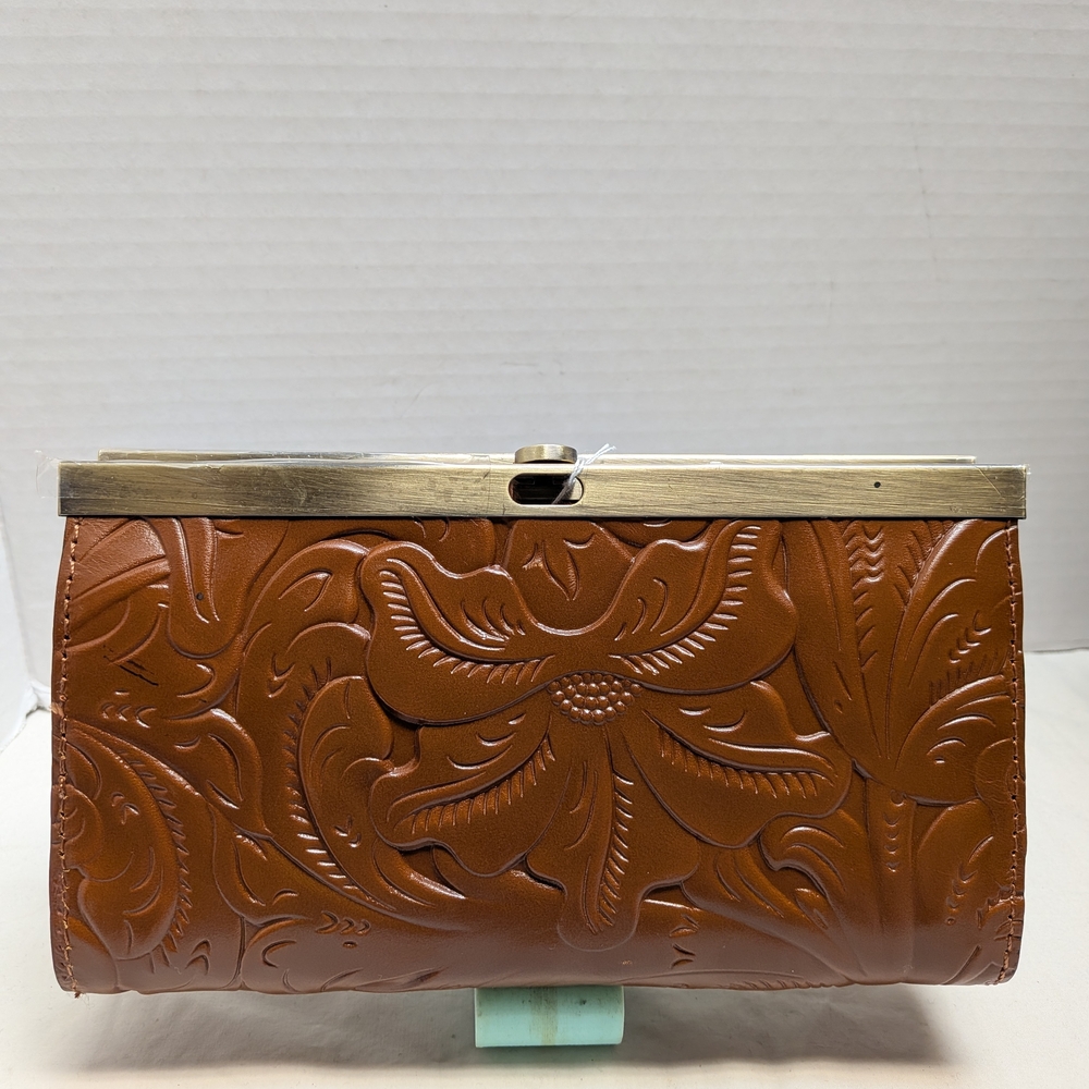 Patricia Nash Tan Embossed Leather Frame Clutch Wallet